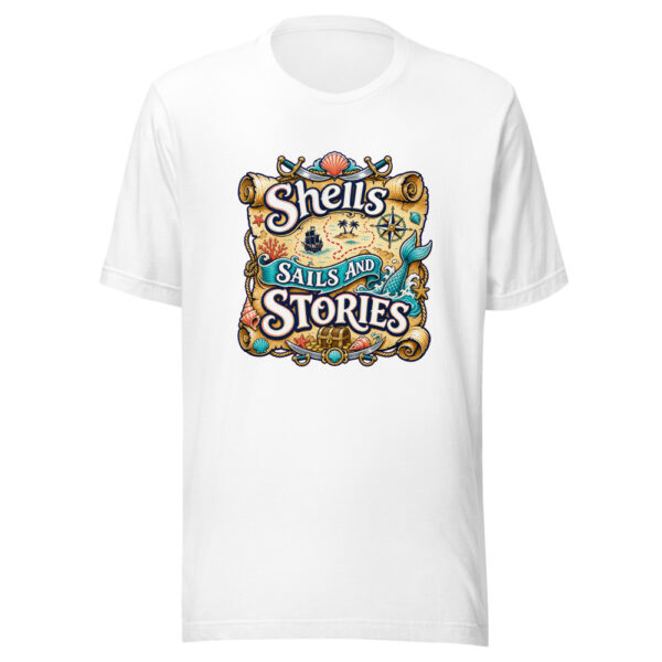 Shells Sails And Stories Graphic Tee mockup 3